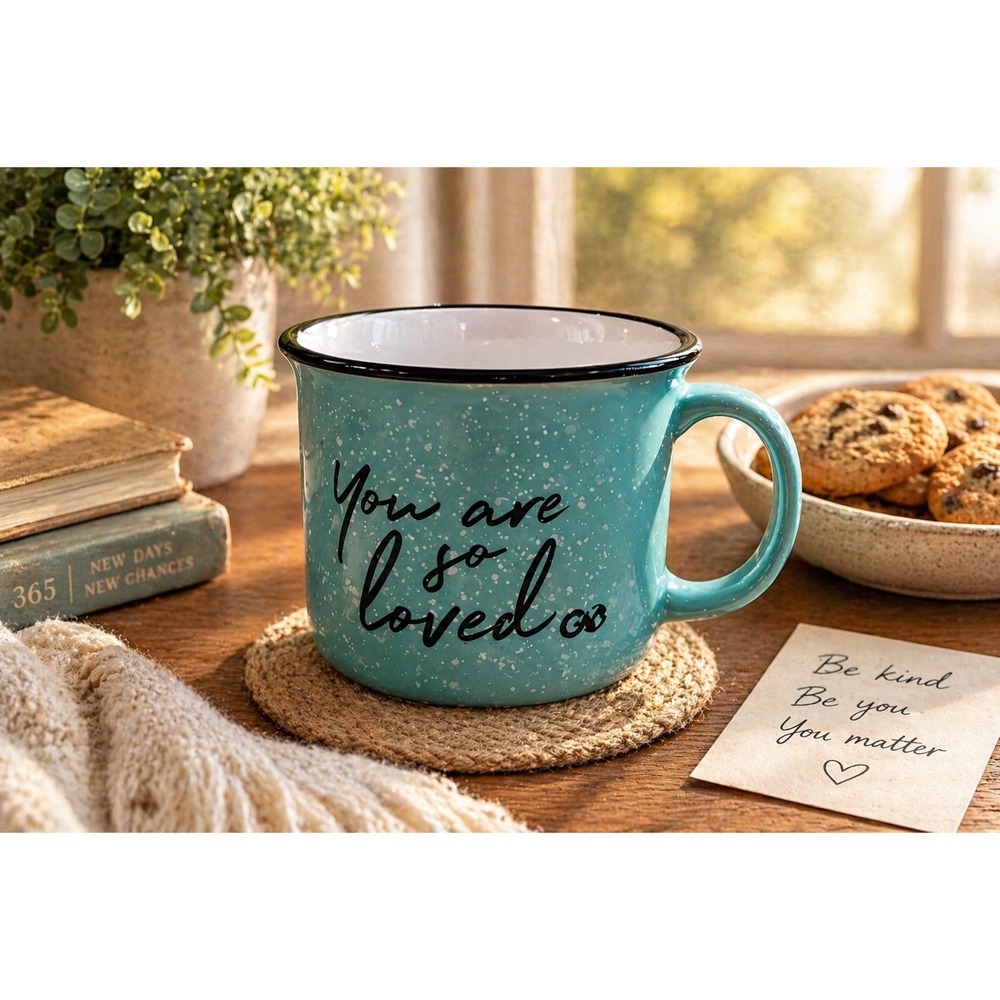 Teal Speckled Campfire Mug You Are So Loved Ceramic Coffee Cup Blue Black Rim‎